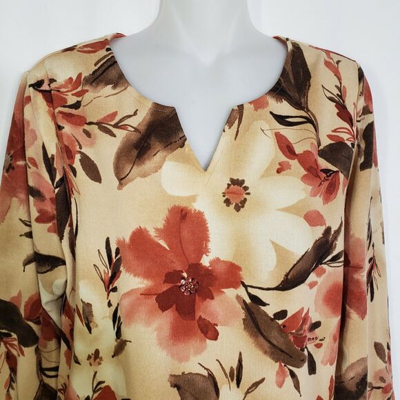 Alfred Dunner Womens Top Small Floral 3/4 Sleeve Embellished Striped Split V Nec - Picture 3 of 10